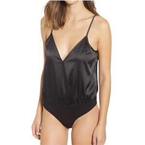 Leith Satin Black Wrap V-Neck Bodysuit